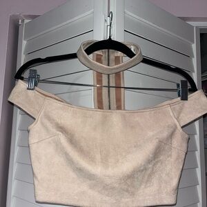 Women’s Off-Shoulder Suede Crop Top in Light Beige